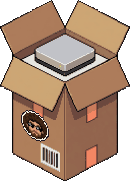 Pixel-art shipping box with its flaps open, a small silver computer packed inside on foam.