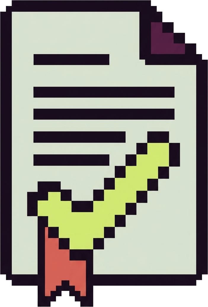 Pixel-art document with a folded corner, text lines, a bold green checkmark, and a ribbon seal.
